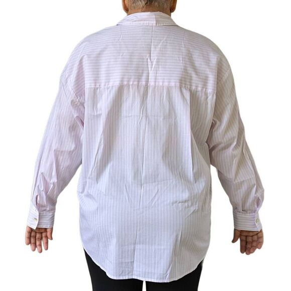 H&M Light Pink White Striped Button Down Shirt Collar Pocket Relaxed Women Sz L - Picture 3 of 5